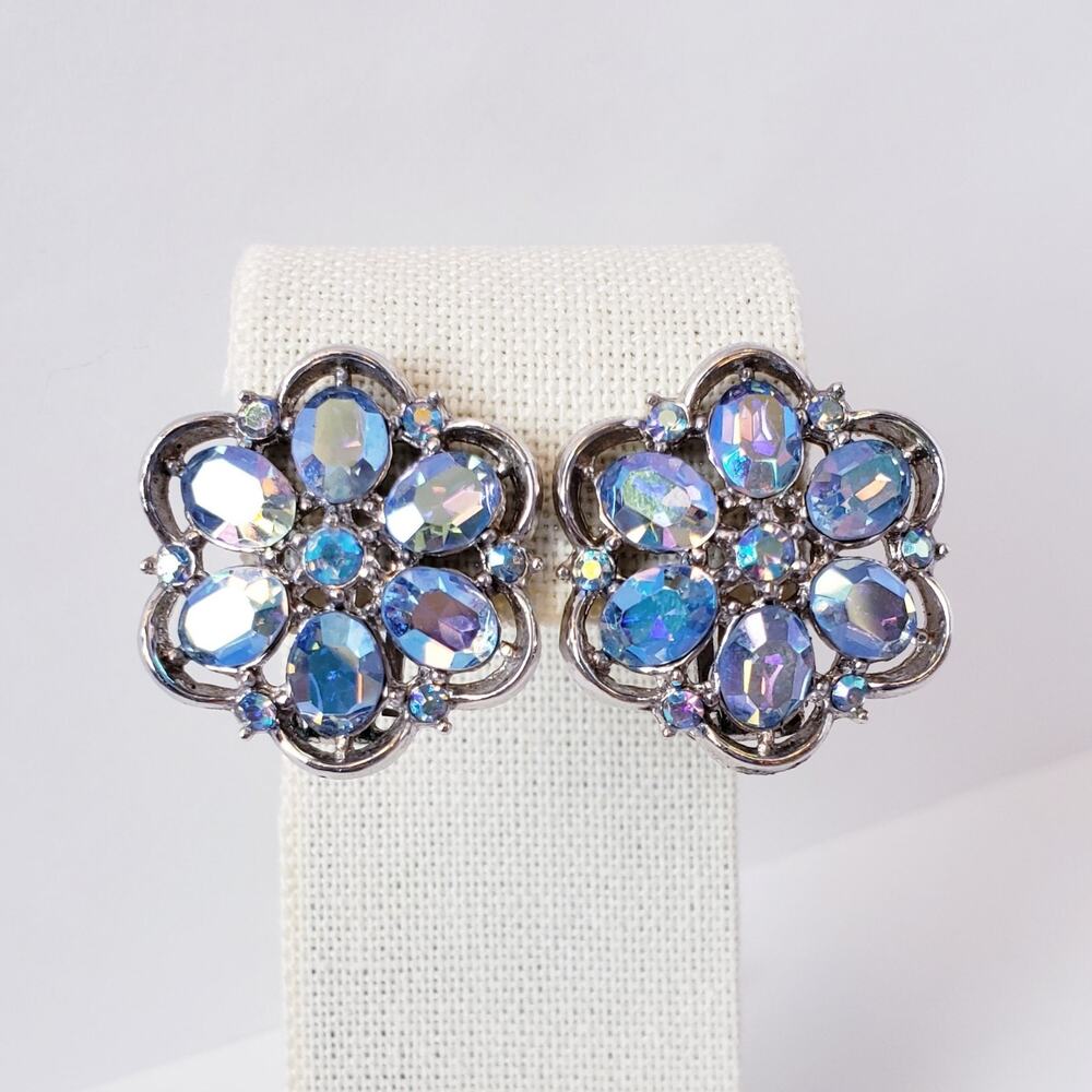 VTG Crown Trifari Aurora Borealis AB Rhinestone Silver Tone Flower Clip Earrings